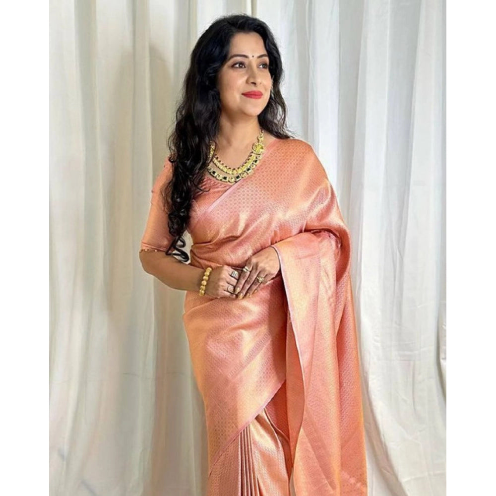 Women's Soft Lichi Silk Printed Saree With Unstitched Blouse 5.5 Mtr (Peach)