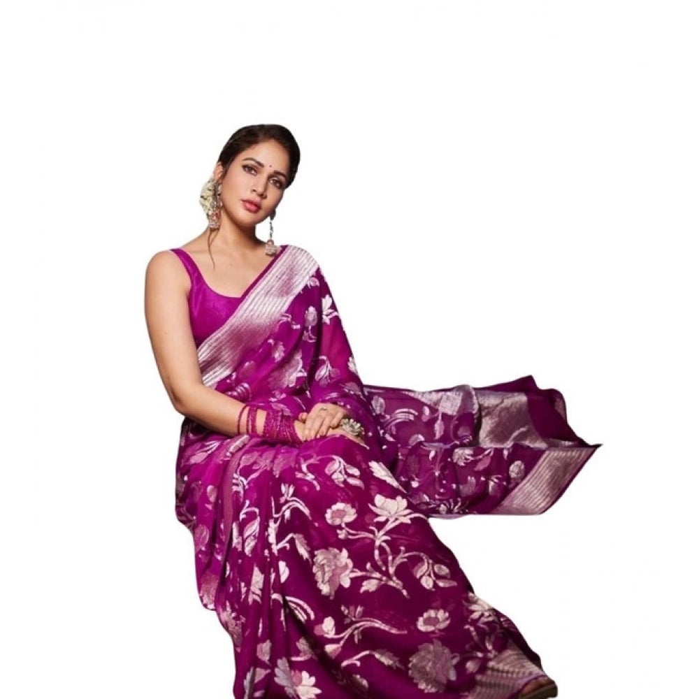 Women's Soft Lichi Silk Printed Saree With Unstitched Blouse 5.5 Mtr (Purple)