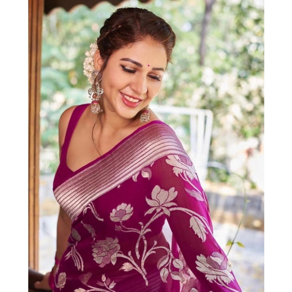 Women's Soft Lichi Silk Printed Saree With Unstitched Blouse 5.5 Mtr (Purple)