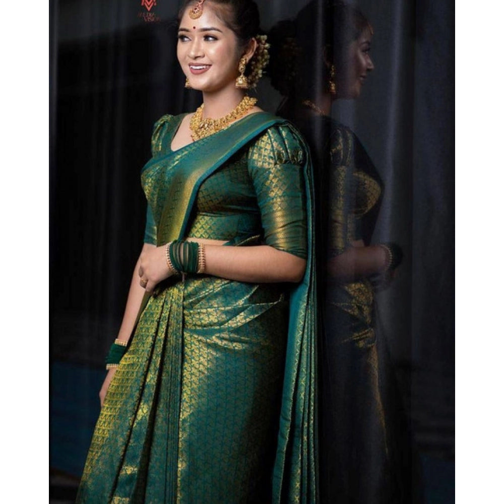 Women's Soft Lichi Silk Printed Saree With Unstitched Blouse 5.5 Mtr (Green)