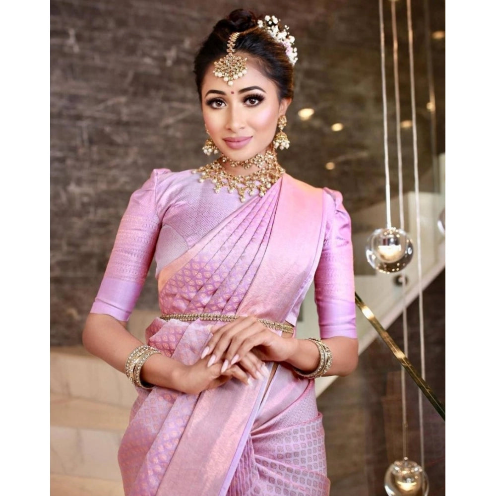 Women's Soft Lichi Silk Printed Saree With Unstitched Blouse 5.5 Mtr (Pink)