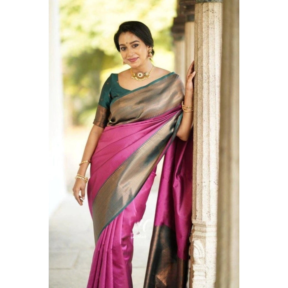 Women's Soft Lichi Silk Printed Saree With Unstitched Blouse 5.5 Mtr (Pink)