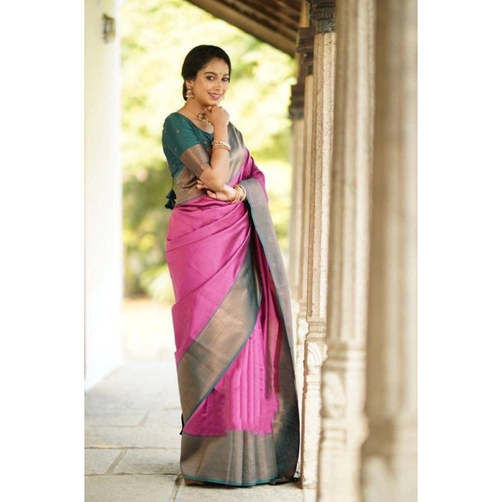 Women's Soft Lichi Silk Printed Saree With Unstitched Blouse 5.5 Mtr (Pink)