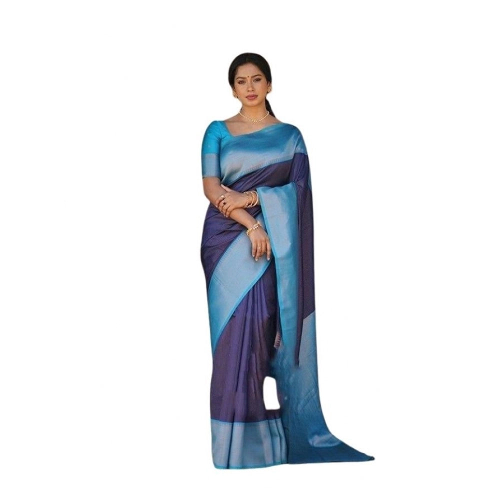 Women's Soft Lichi Silk Printed Saree With Unstitched Blouse 5.5 Mtr (Blue)