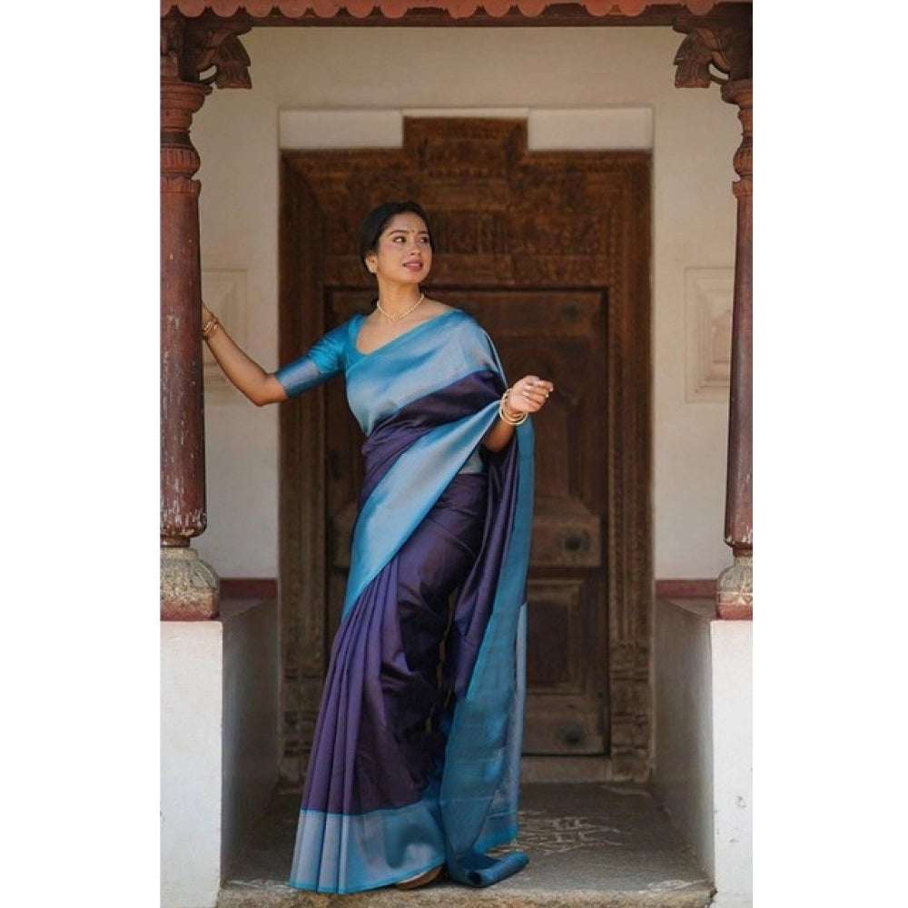 Women's Soft Lichi Silk Printed Saree With Unstitched Blouse 5.5 Mtr (Blue)