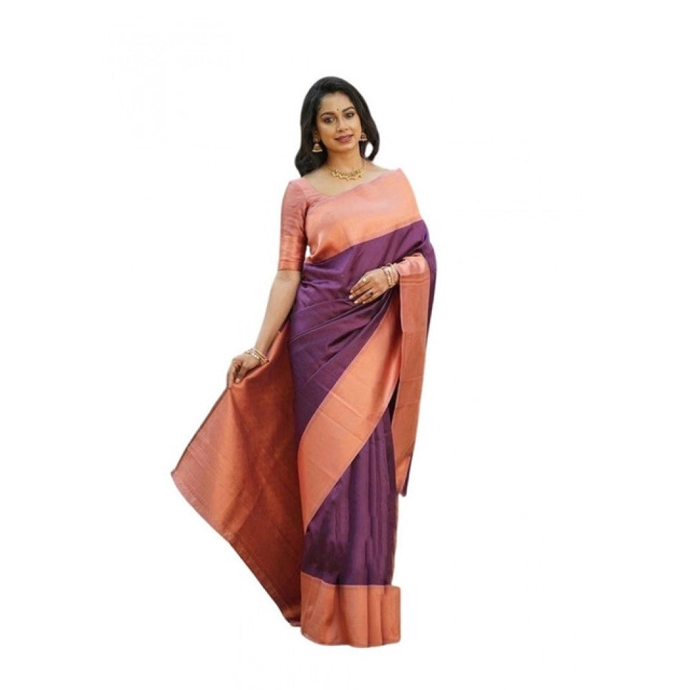 Women's Soft Lichi Silk Printed Saree With Unstitched Blouse 5.5 Mtr (Purple)