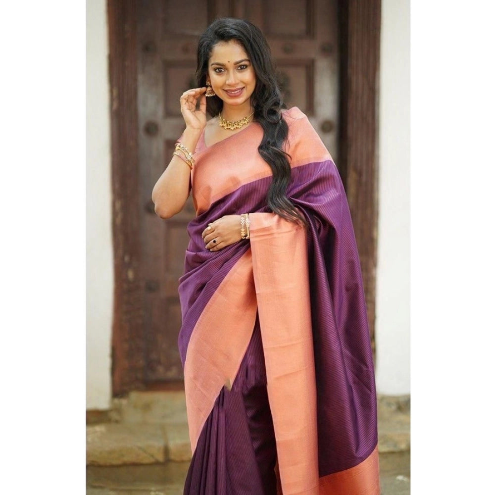 Women's Soft Lichi Silk Printed Saree With Unstitched Blouse 5.5 Mtr (Purple)