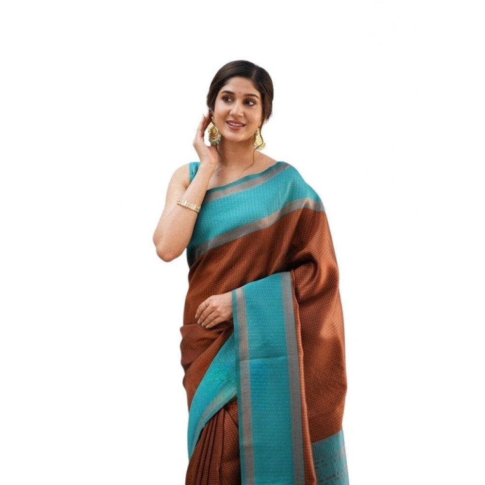 Women's Soft Lichi Silk Printed Saree With Unstitched Blouse 5.5 Mtr (Brown)