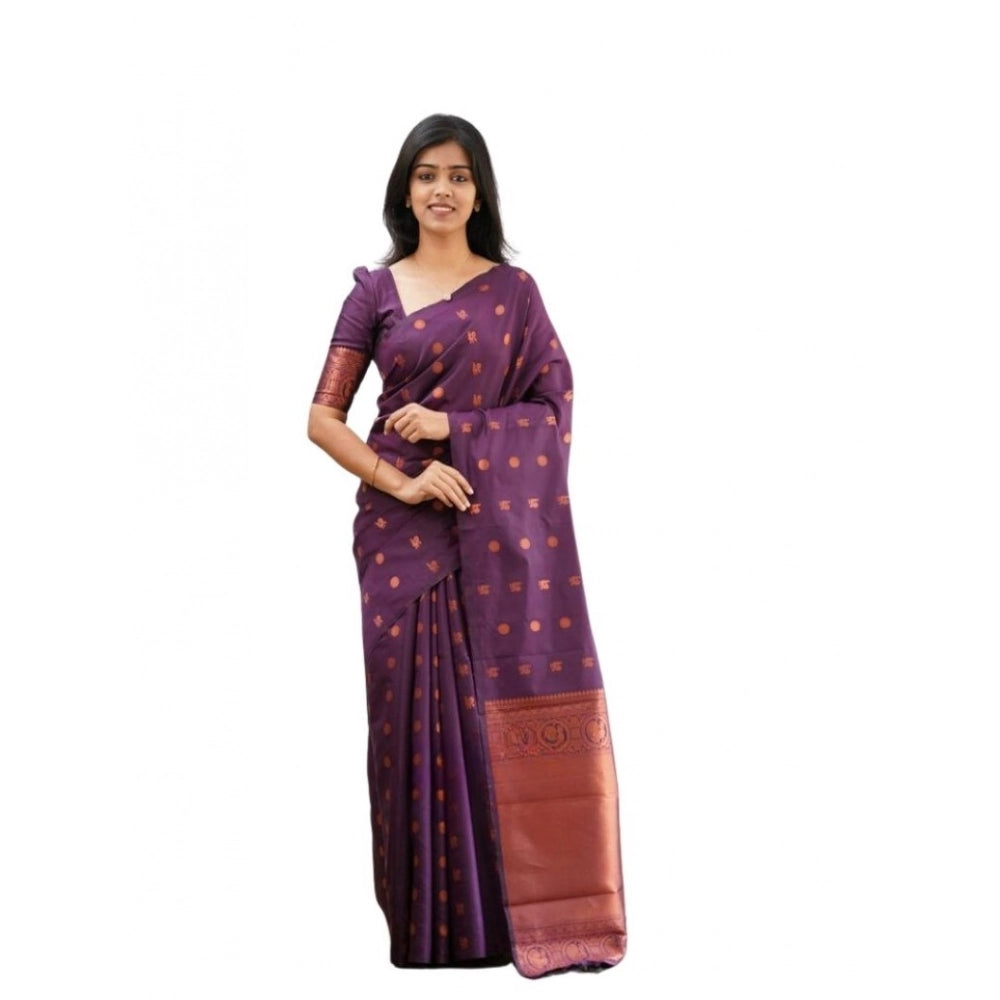 Women's Soft Lichi Silk Printed Saree With Unstitched Blouse 5.5 Mtr (Purple)