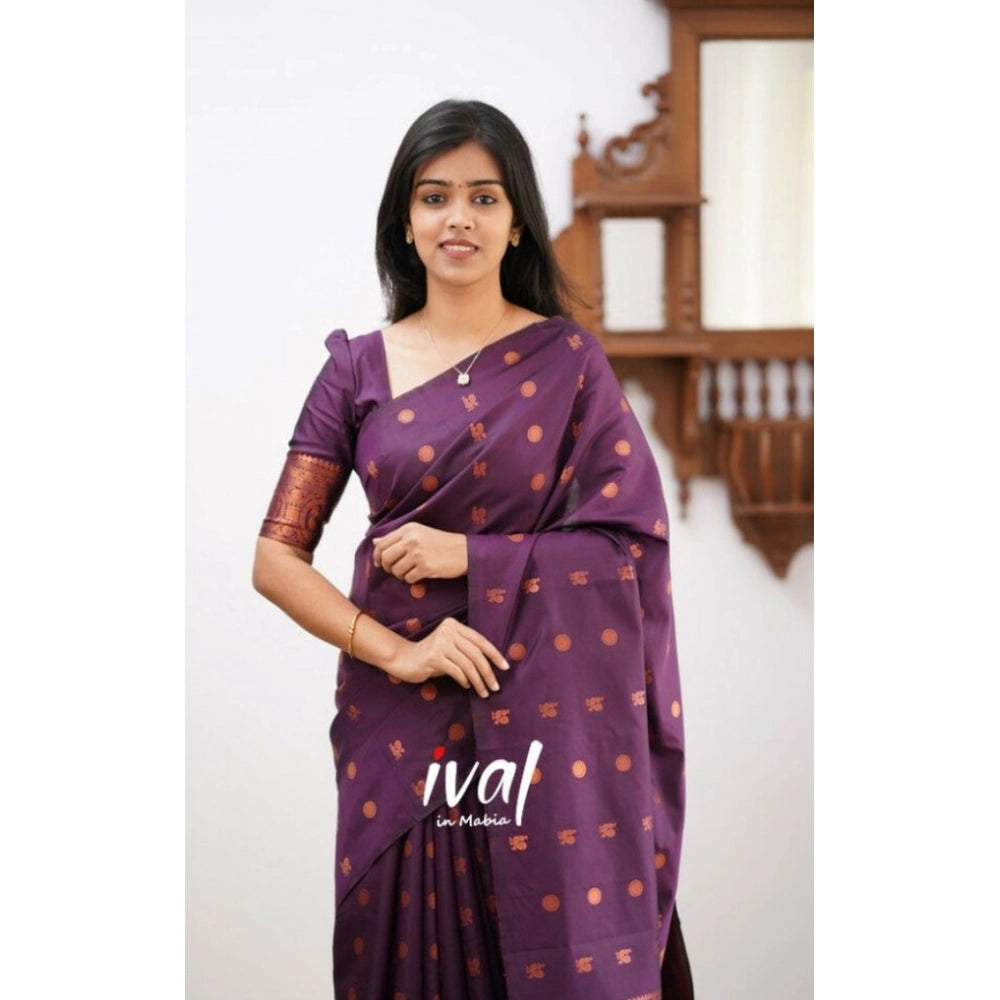 Women's Soft Lichi Silk Printed Saree With Unstitched Blouse 5.5 Mtr (Purple)