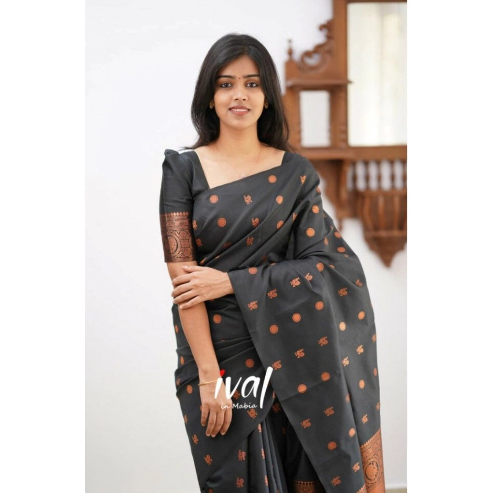 Women's Soft Lichi Silk Printed Saree With Unstitched Blouse 5.5 Mtr (Black)