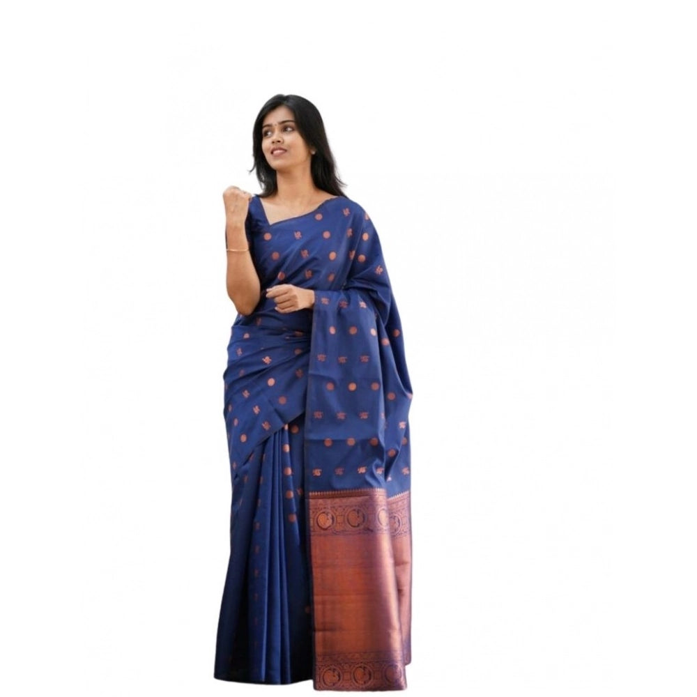 Women's Soft Lichi Silk Printed Saree With Unstitched Blouse 5.5 Mtr (Blue)