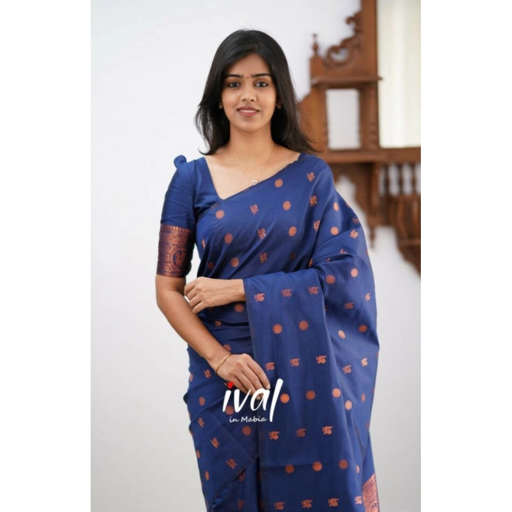 Women's Soft Lichi Silk Printed Saree With Unstitched Blouse 5.5 Mtr (Blue)