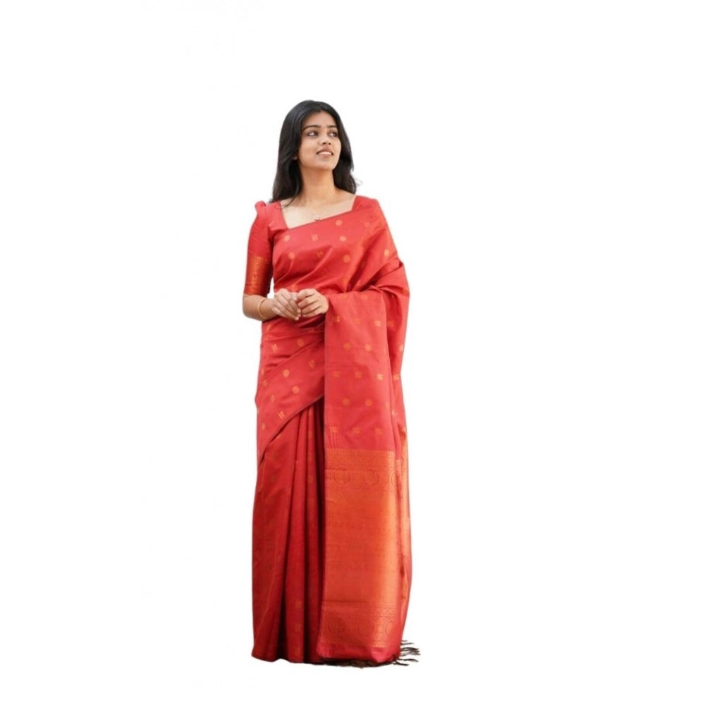 Women's Soft Lichi Silk Printed Saree With Unstitched Blouse 5.5 Mtr (Red)