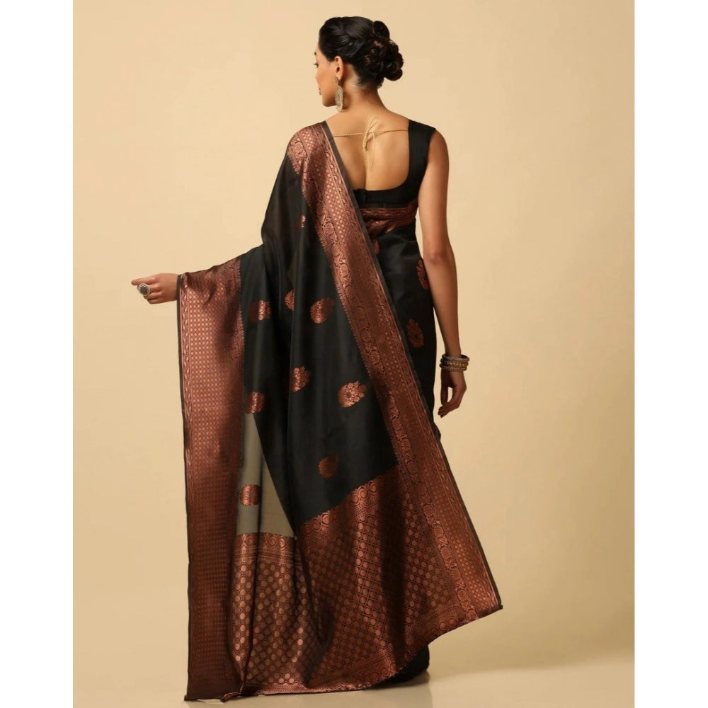 Women's Soft Lichi Silk Printed Saree With Unstitched Blouse 5.5 Mtr (Black)