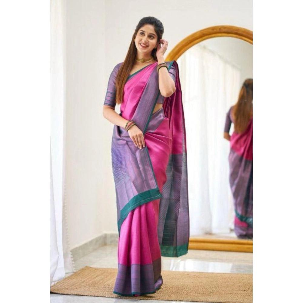 Women's Soft Lichi Silk Printed Saree With Unstitched Blouse 5.5 Mtr (Pink)