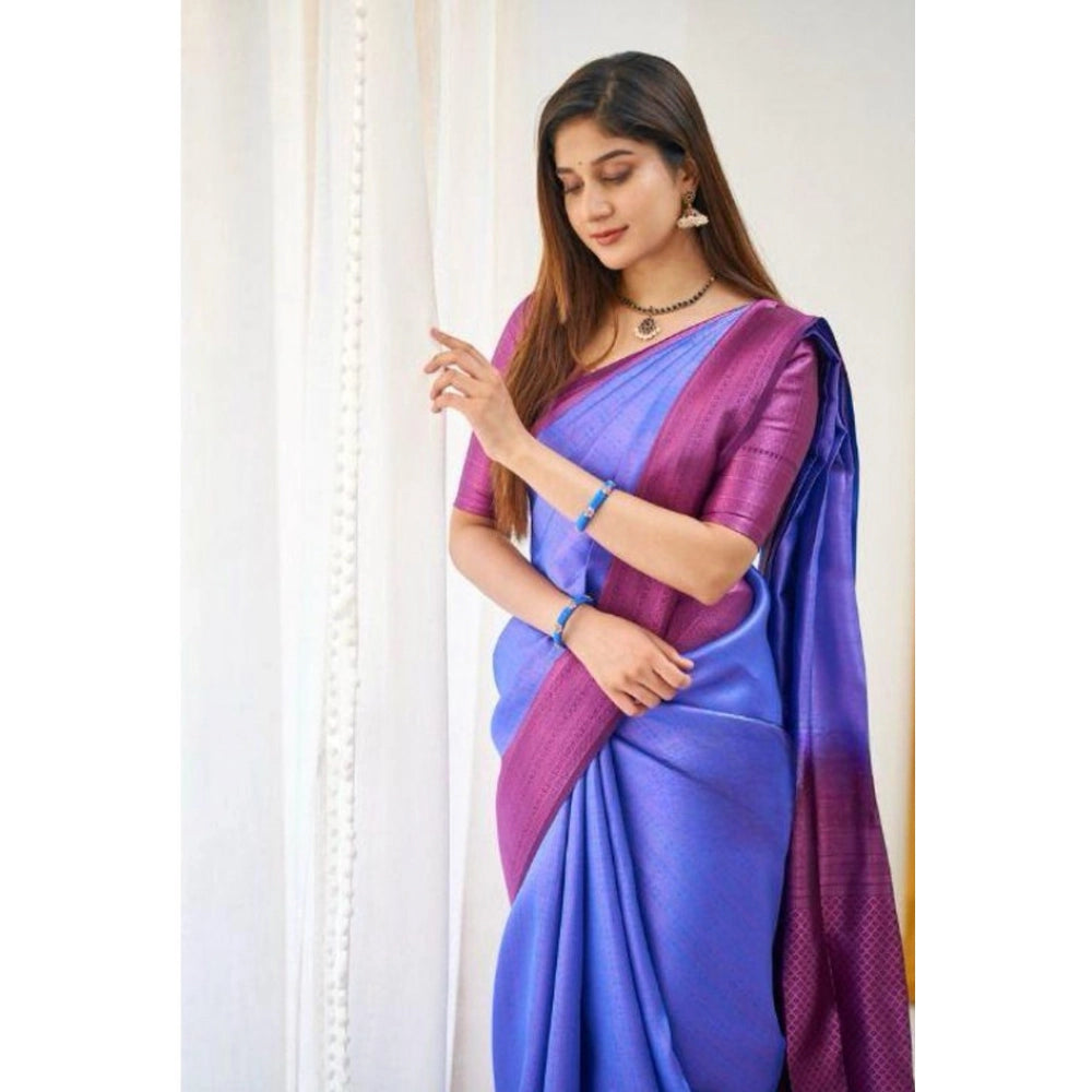 Women's Soft Lichi Silk Printed Saree With Unstitched Blouse 5.5 Mtr (Blue)