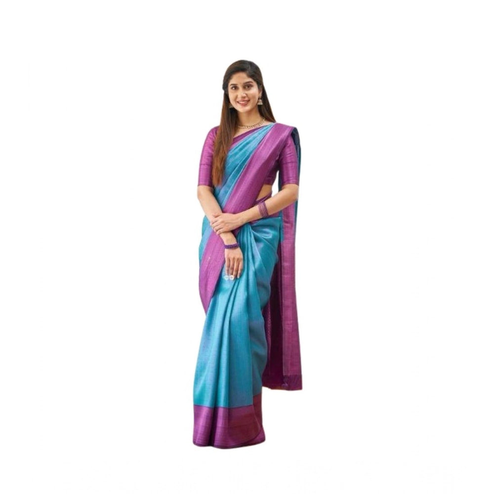Women's Soft Lichi Silk Printed Saree With Unstitched Blouse 5.5 Mtr (Sky-Blue)