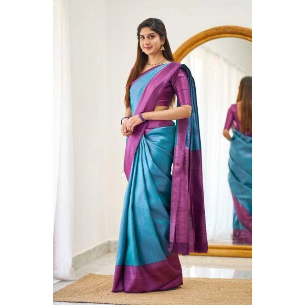 Women's Soft Lichi Silk Printed Saree With Unstitched Blouse 5.5 Mtr (Sky-Blue)