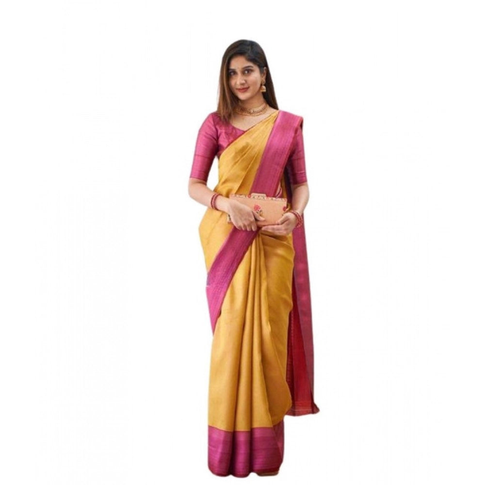 Women's Soft Lichi Silk Printed Saree With Unstitched Blouse 5.5 Mtr (Mustard )