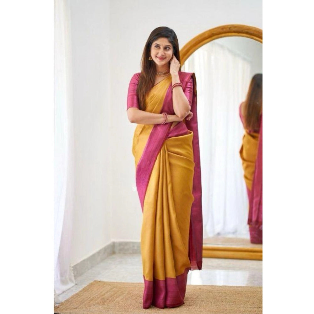 Women's Soft Lichi Silk Printed Saree With Unstitched Blouse 5.5 Mtr (Mustard )
