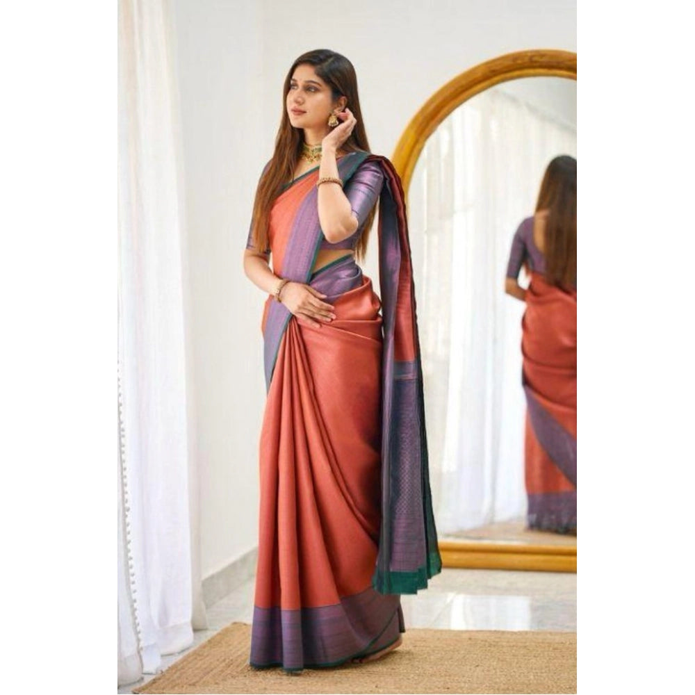 Women's Soft Lichi Silk Printed Saree With Unstitched Blouse 5.5 Mtr (Orange)