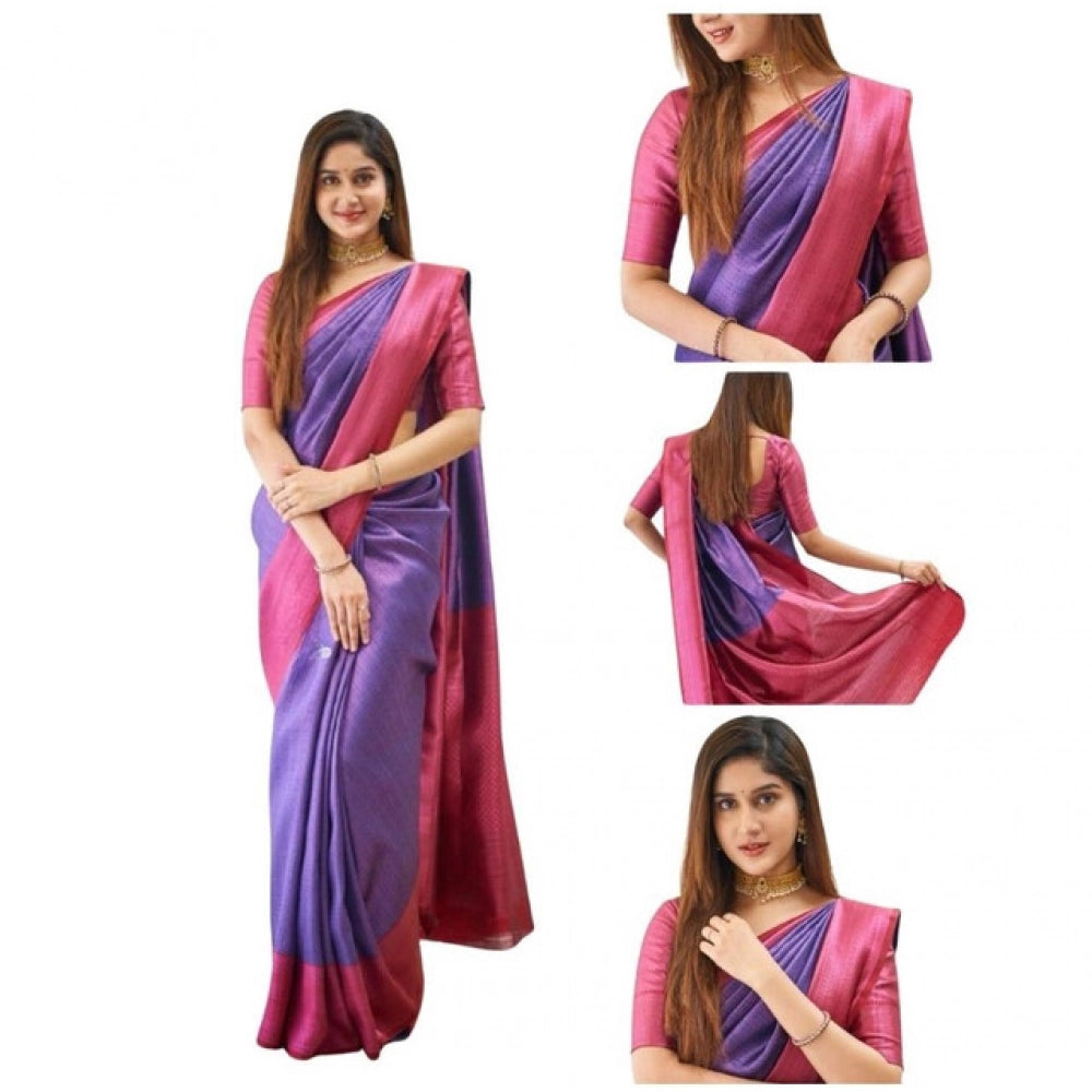 Women's Soft Lichi Silk Printed Saree With Unstitched Blouse 5.5 Mtr (Purple)