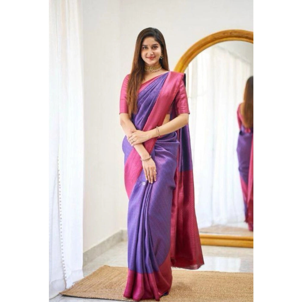 Women's Soft Lichi Silk Printed Saree With Unstitched Blouse 5.5 Mtr (Purple)