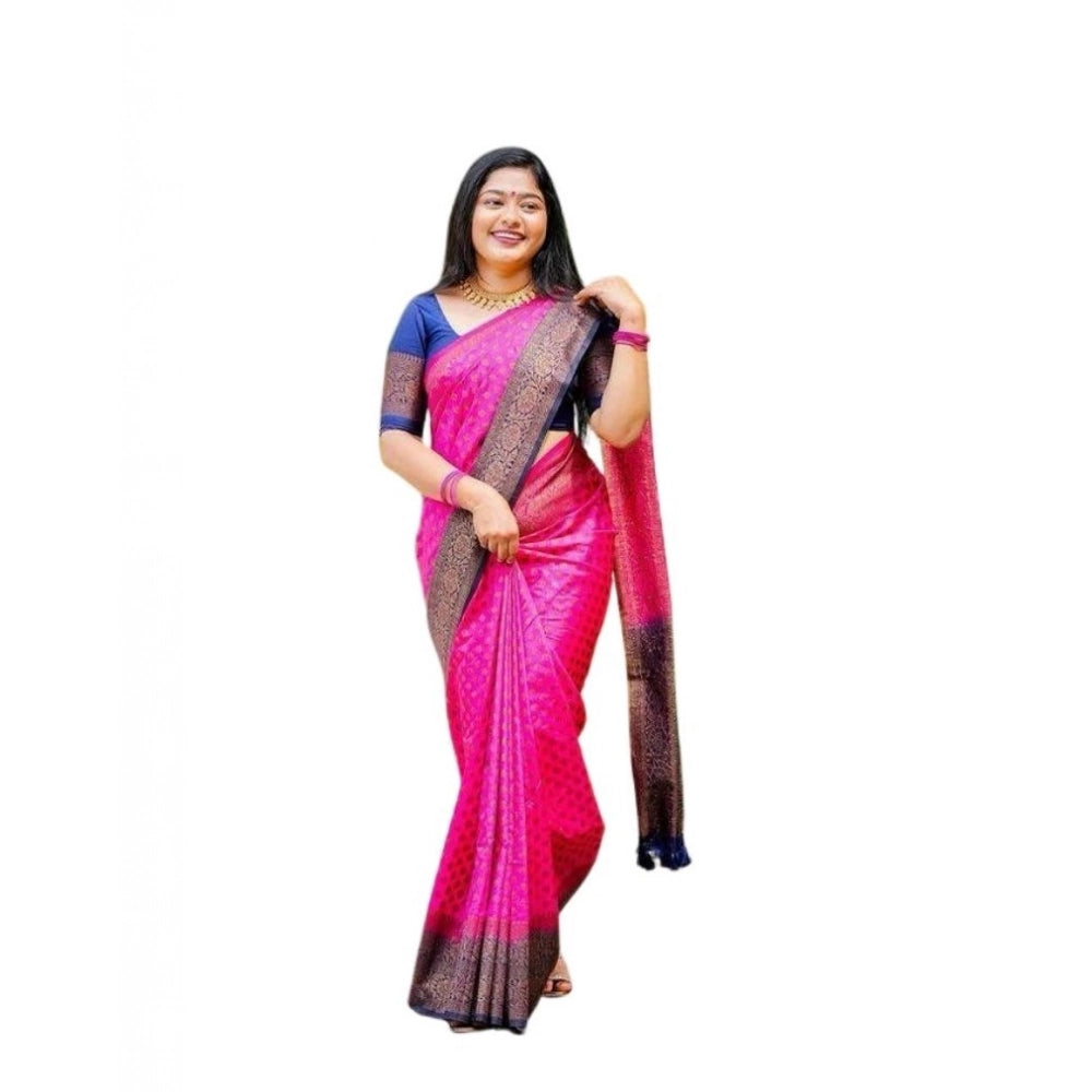 Women's Soft Lichi Silk Printed Saree With Unstitched Blouse 5.5 Mtr (Pink)