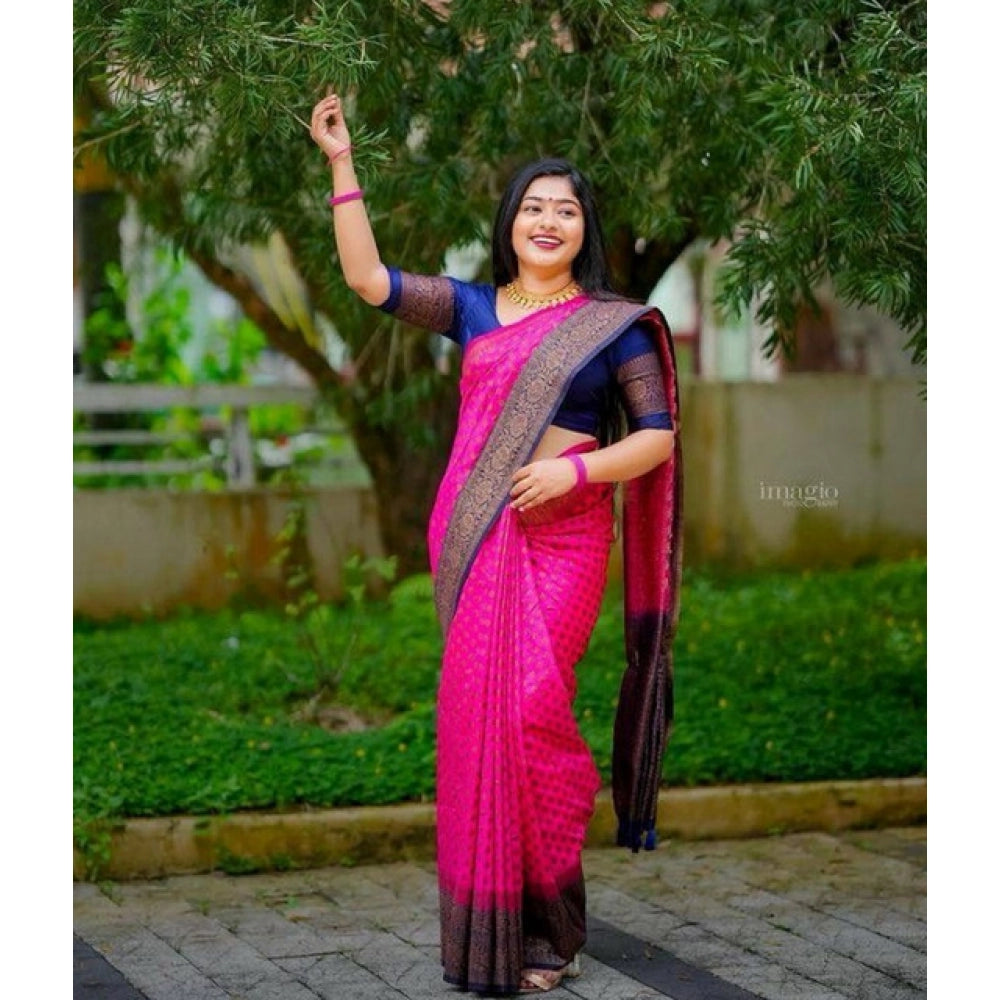 Women's Soft Lichi Silk Printed Saree With Unstitched Blouse 5.5 Mtr (Pink)