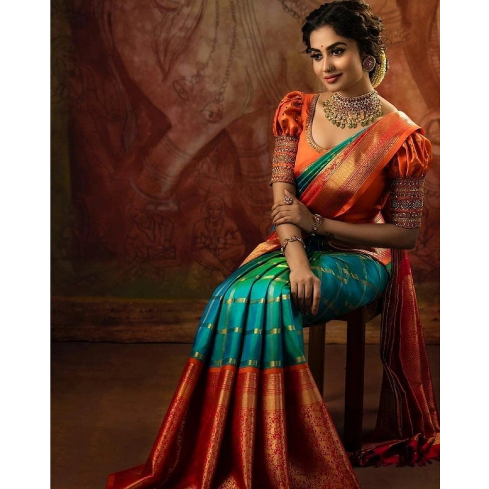 Women's Soft Lichi Silk Printed Saree With Unstitched Blouse 5.5 Mtr (Green)