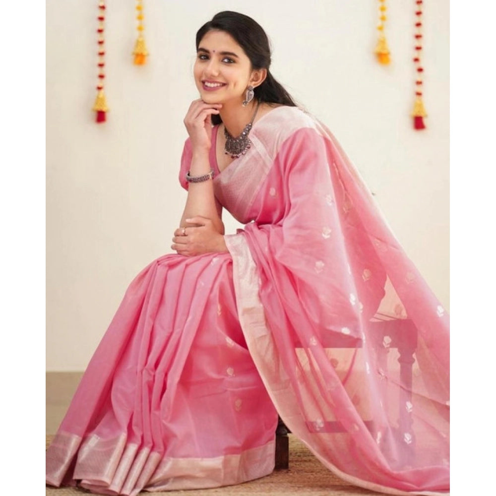 Women's Soft Lichi Silk Printed Saree With Unstitched Blouse 5.5 Mtr (Pink)