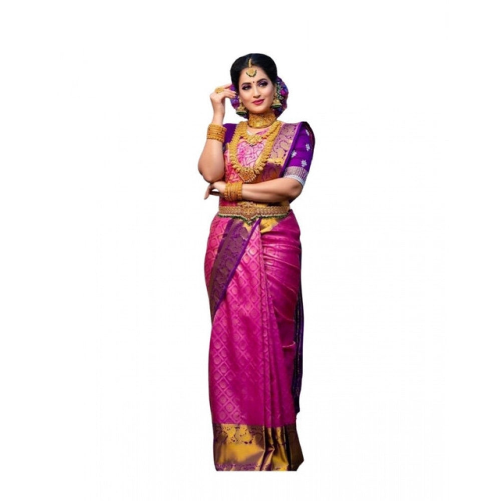 Women's Soft Lichi Silk Printed Saree With Unstitched Blouse 5.5 Mtr (Pink)