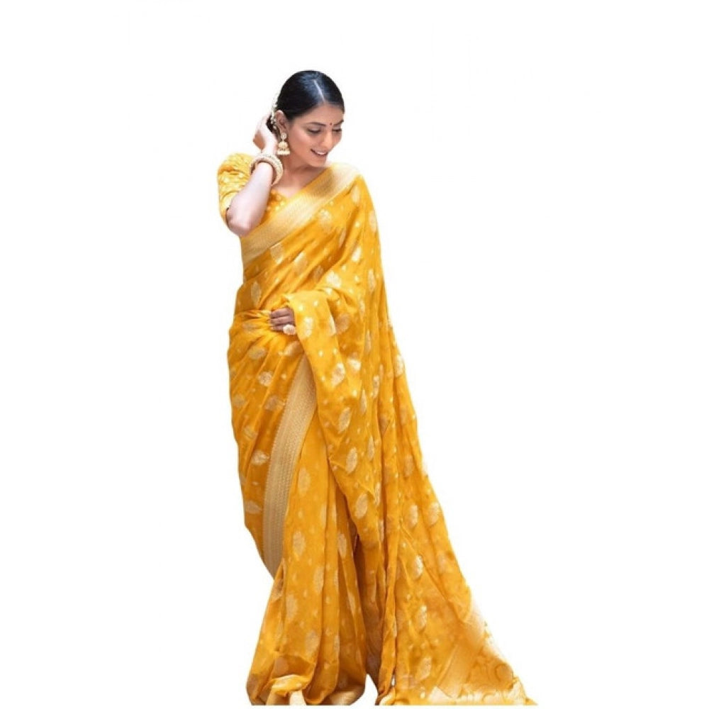 Women's Soft Lichi Silk Printed Saree With Unstitched Blouse 5.5 Mtr (Yellow)