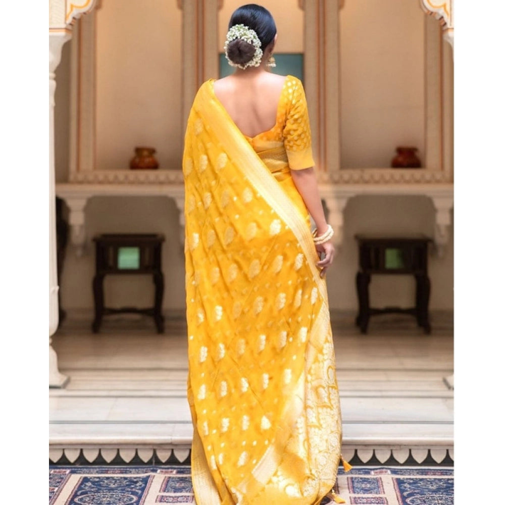 Women's Soft Lichi Silk Printed Saree With Unstitched Blouse 5.5 Mtr (Yellow)