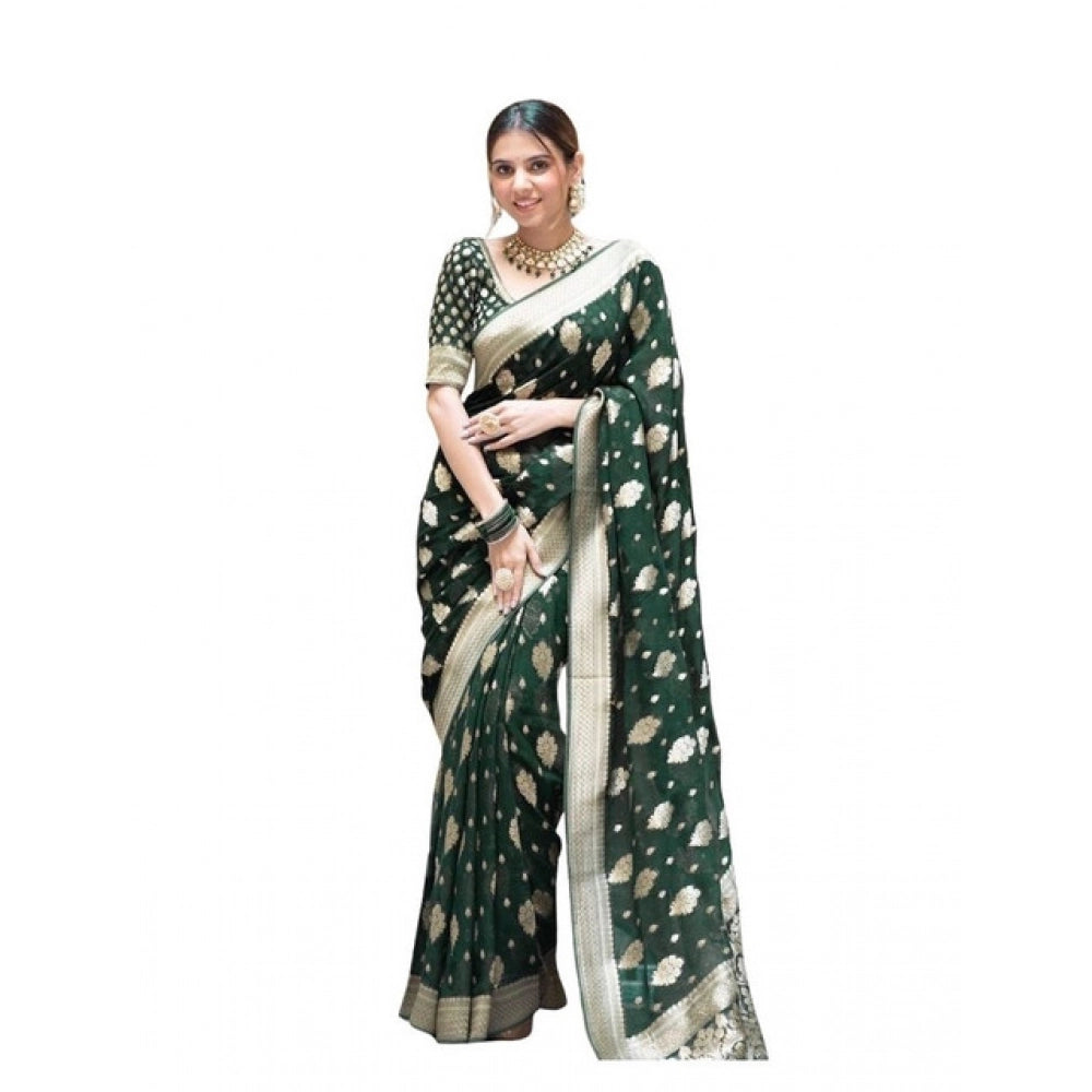Women's Soft Lichi Silk Printed Saree With Unstitched Blouse 5.5 Mtr (Green)
