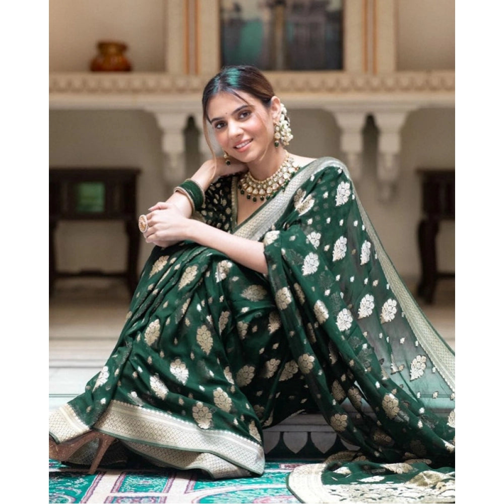 Women's Soft Lichi Silk Printed Saree With Unstitched Blouse 5.5 Mtr (Green)