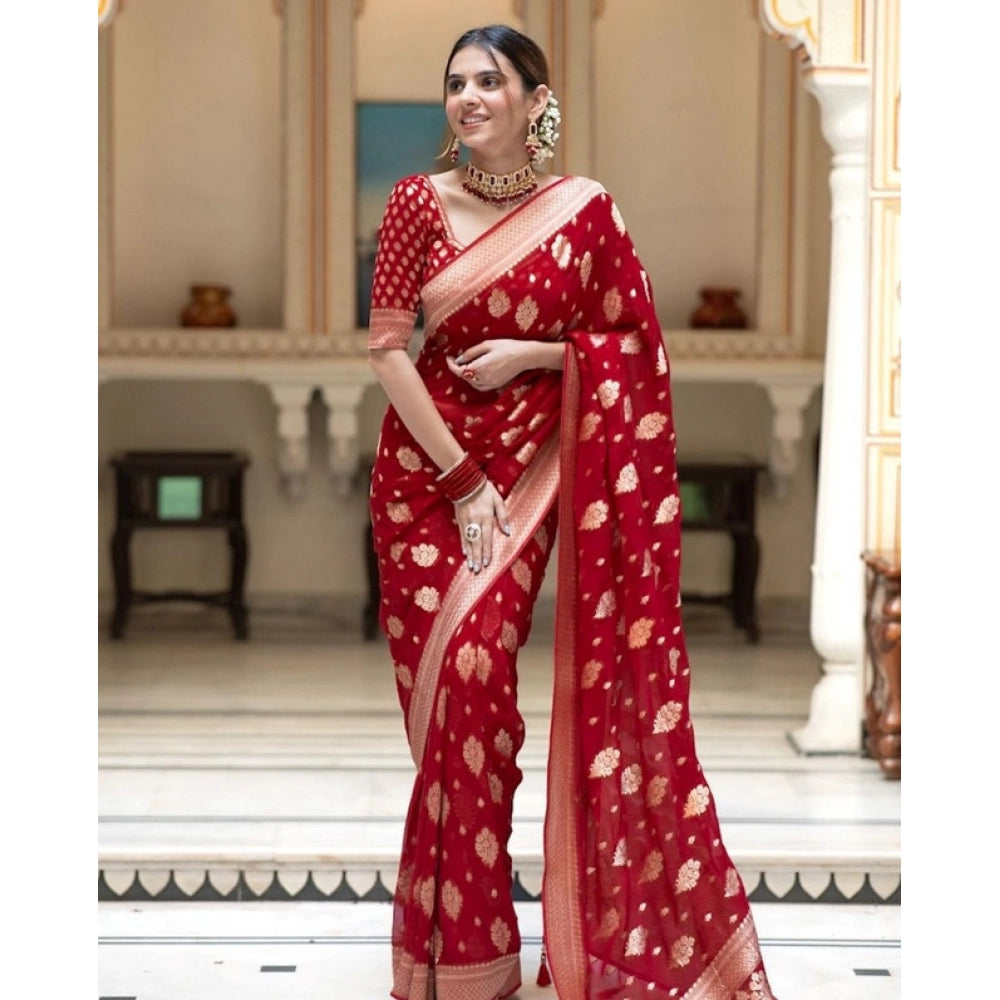 Women's Soft Lichi Silk Printed Saree With Unstitched Blouse 5.5 Mtr (Red)