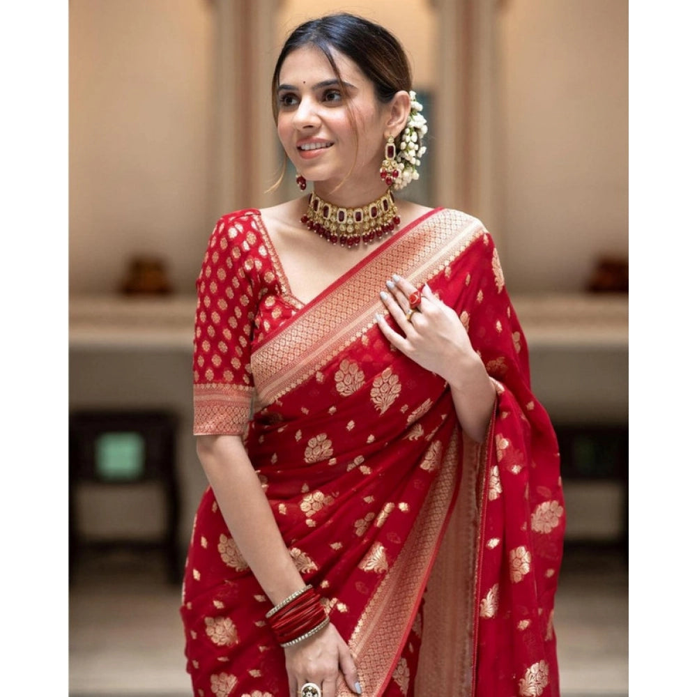 Women's Soft Lichi Silk Printed Saree With Unstitched Blouse 5.5 Mtr (Red)