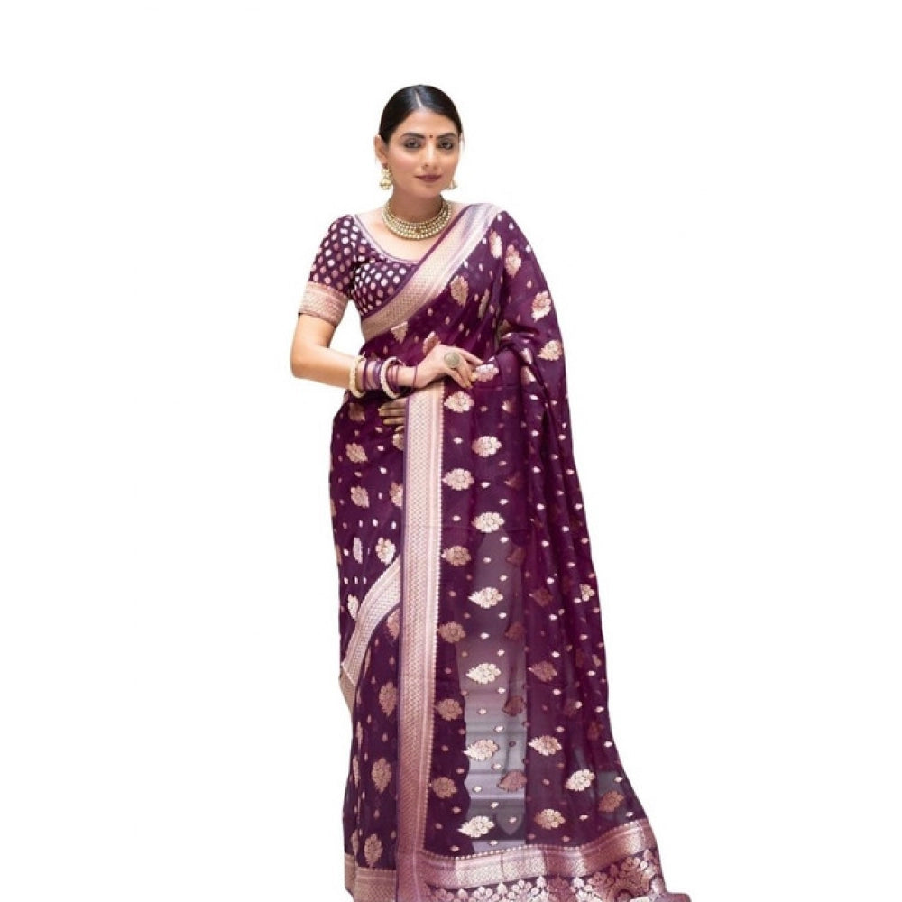 Women's Soft Lichi Silk Printed Saree With Unstitched Blouse 5.5 Mtr (Purple)