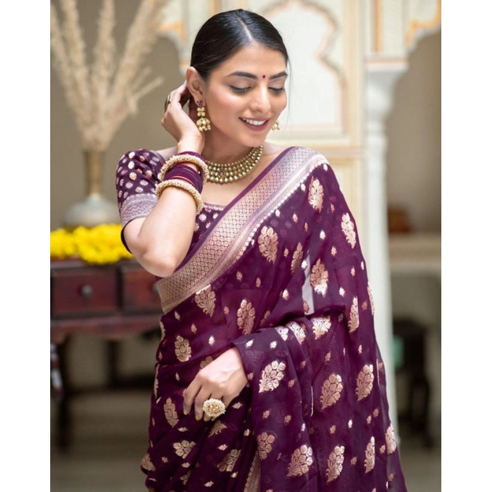 Women's Soft Lichi Silk Printed Saree With Unstitched Blouse 5.5 Mtr (Purple)