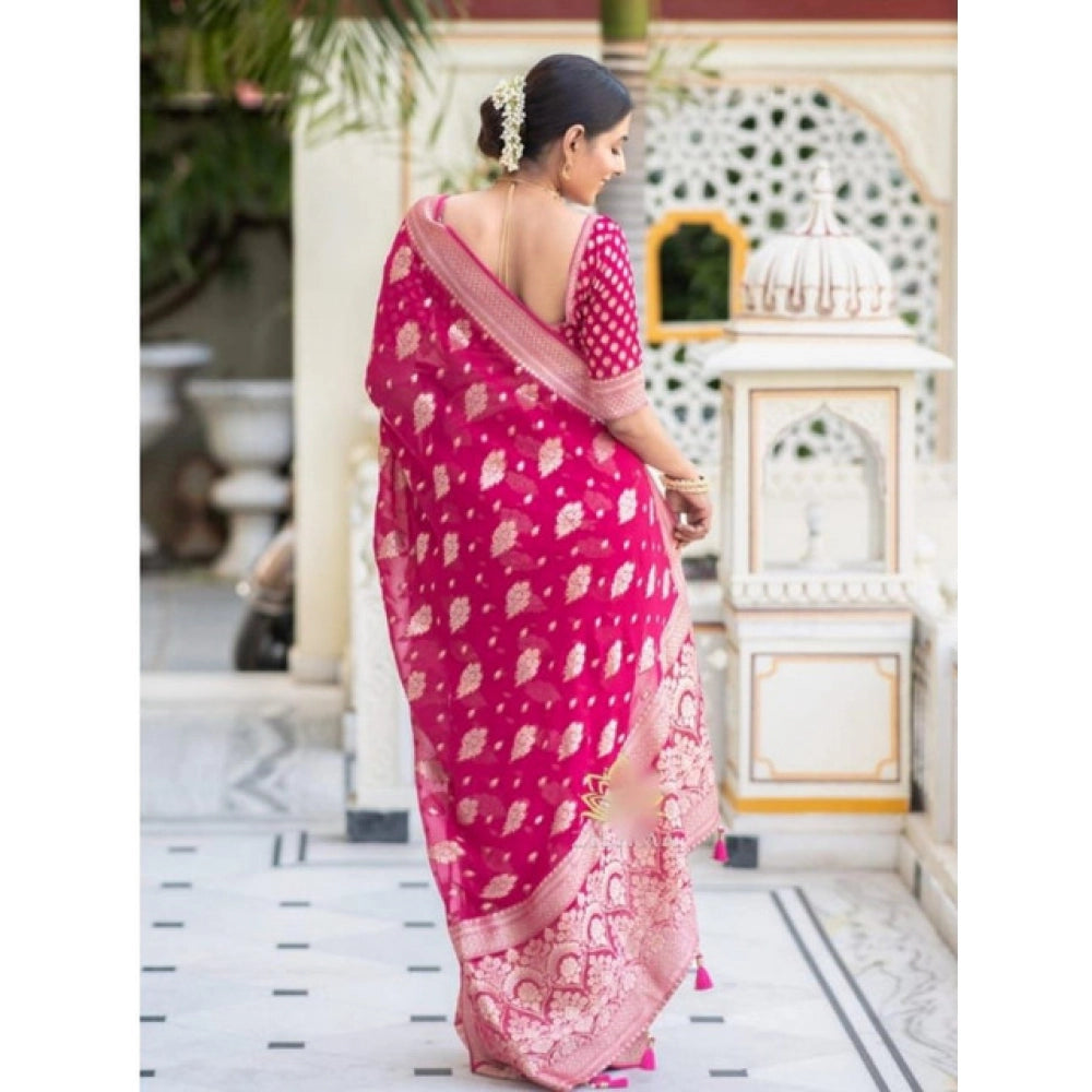 Women's Soft Lichi Silk Printed Saree With Unstitched Blouse 5.5 Mtr (Pink)