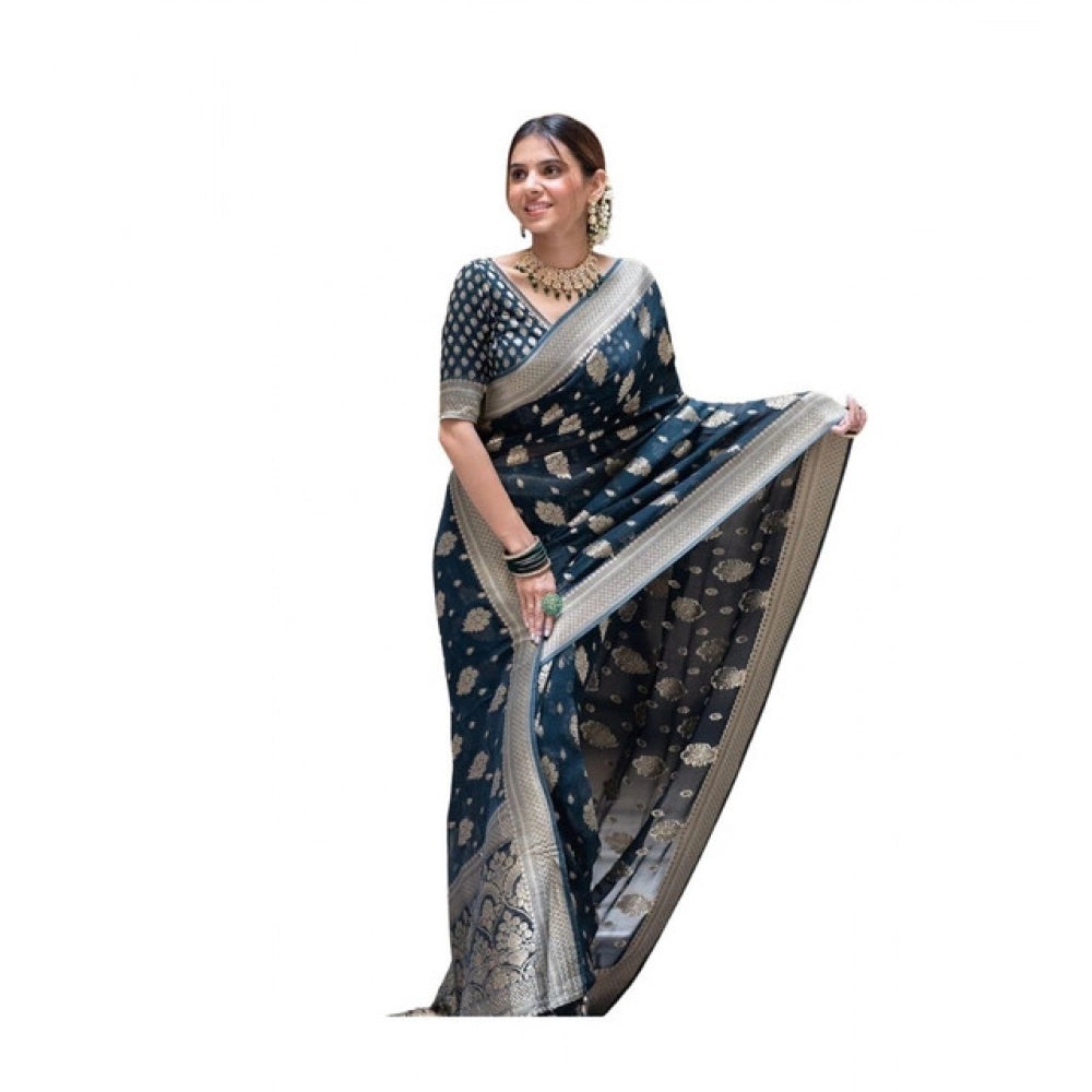 Women's Soft Lichi Silk Printed Saree With Unstitched Blouse 5.5 Mtr (Blue)