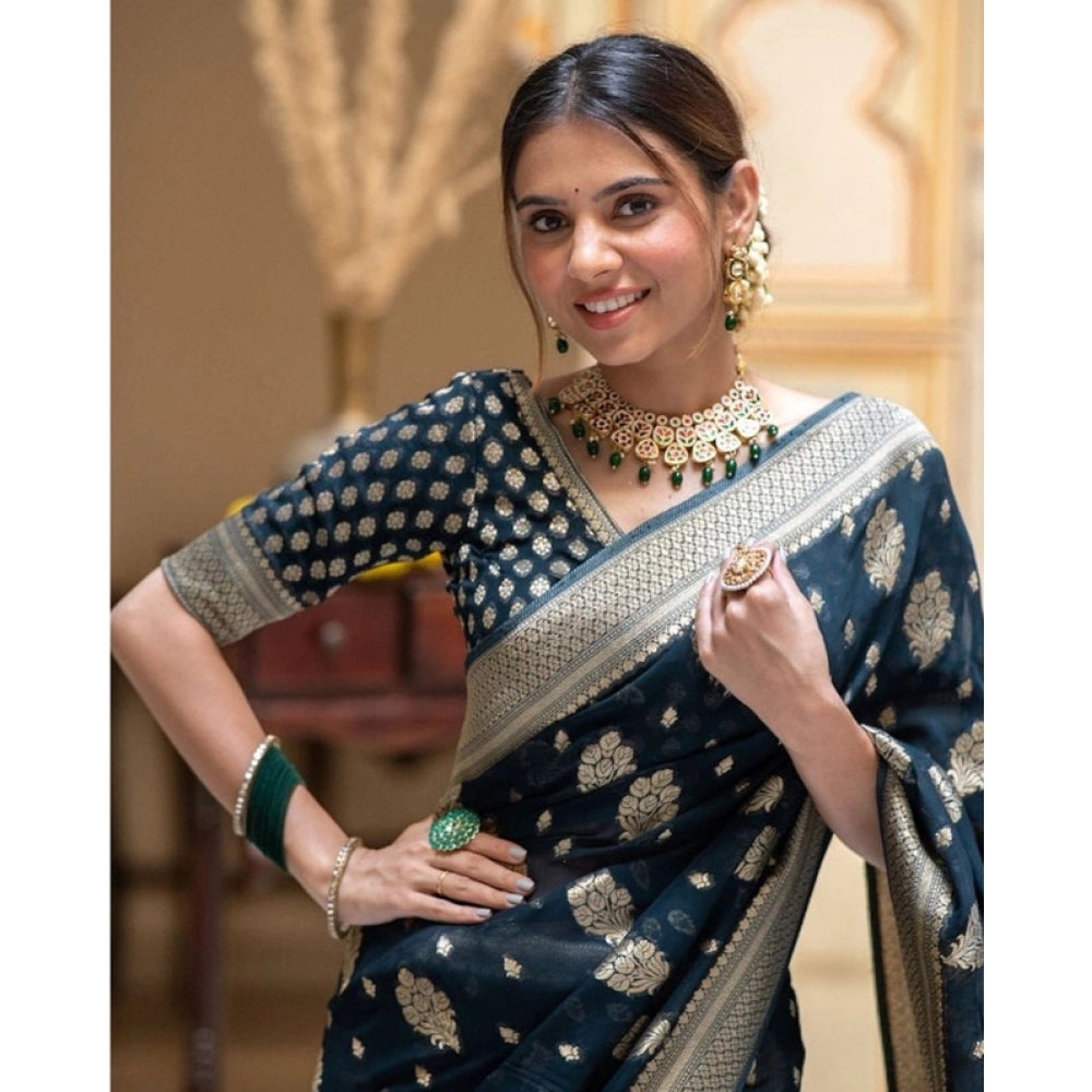 Women's Soft Lichi Silk Printed Saree With Unstitched Blouse 5.5 Mtr (Blue)