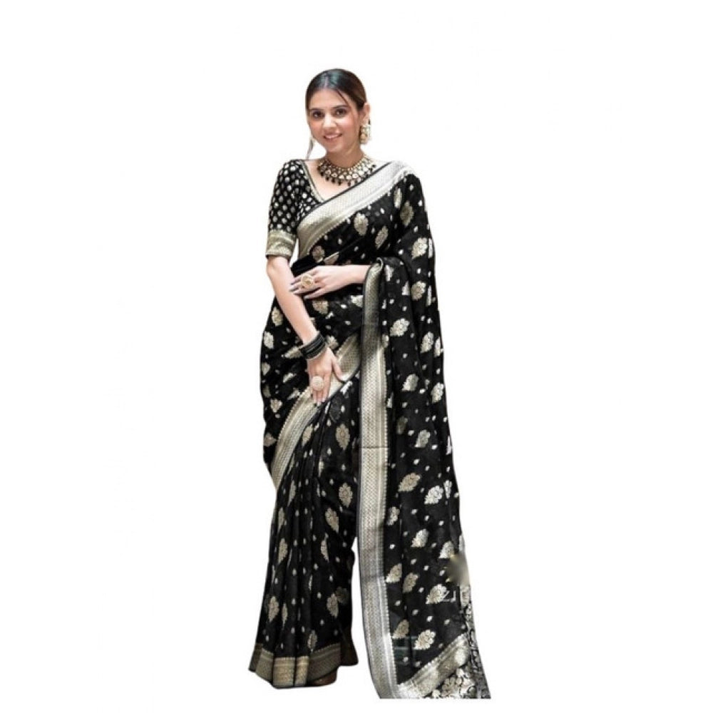 Women's Soft Lichi Silk Printed Saree With Unstitched Blouse 5.5 Mtr (Black)