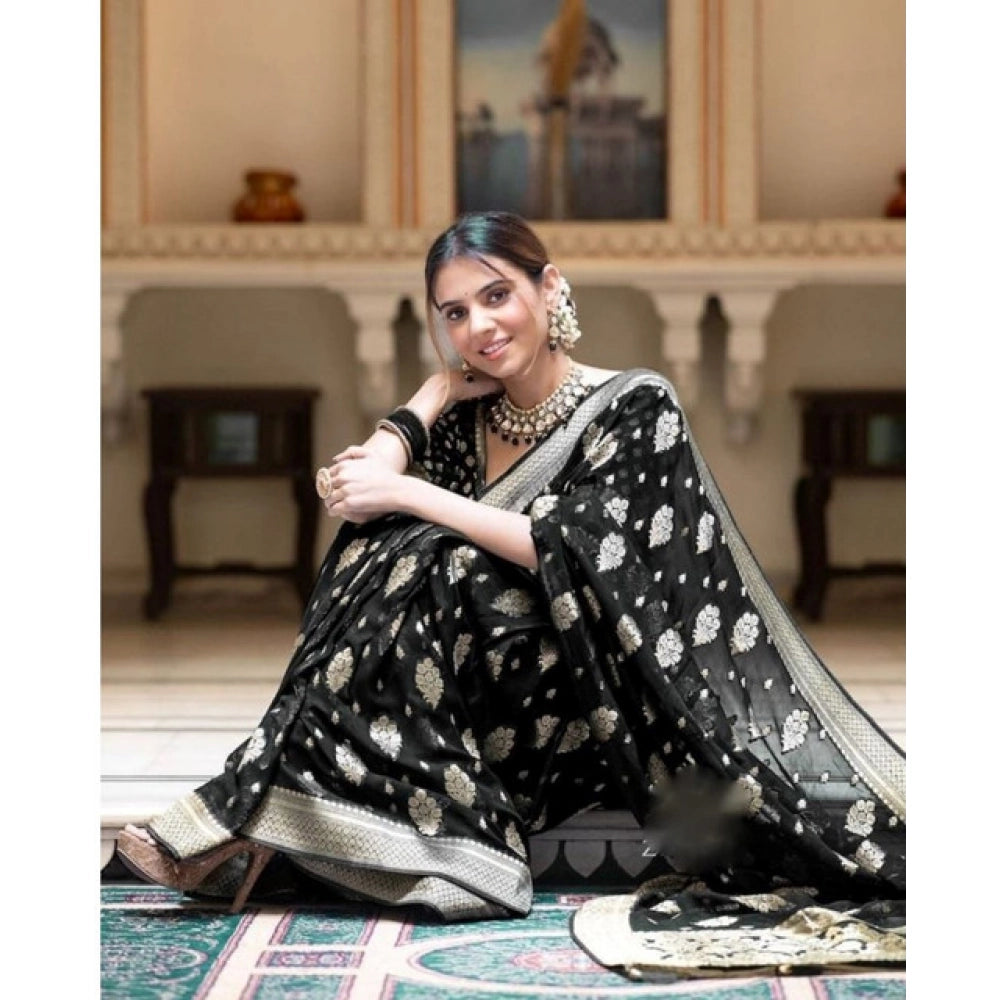 Women's Soft Lichi Silk Printed Saree With Unstitched Blouse 5.5 Mtr (Black)