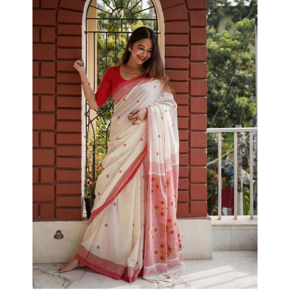 Women's Soft Lilan Printed Saree With Unstitched Blouse 5.5 Mtr (White)