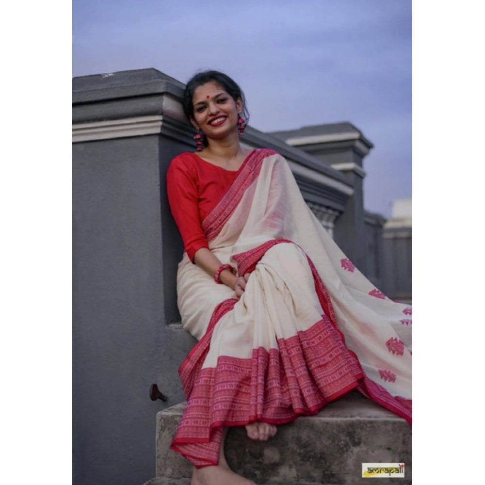 Women's Soft Lilan Printed Saree With Unstitched Blouse 5.5 Mtr (White)