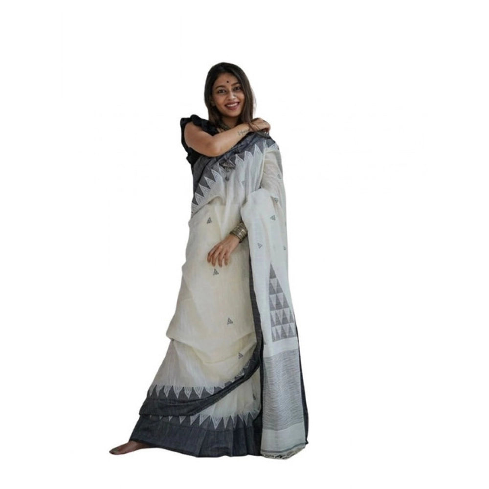 Women's Soft Lilan Printed Saree With Unstitched Blouse 5.5 Mtr (White-Black)
