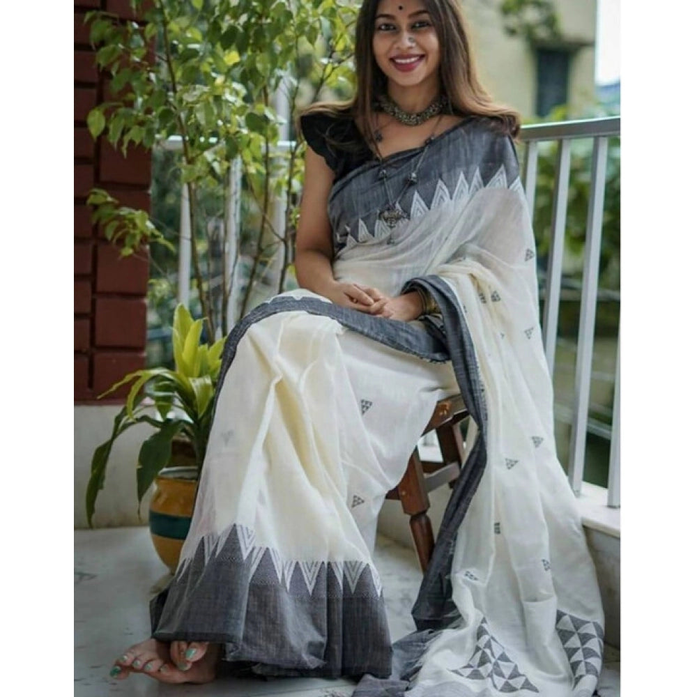 Women's Soft Lilan Printed Saree With Unstitched Blouse 5.5 Mtr (White-Black)